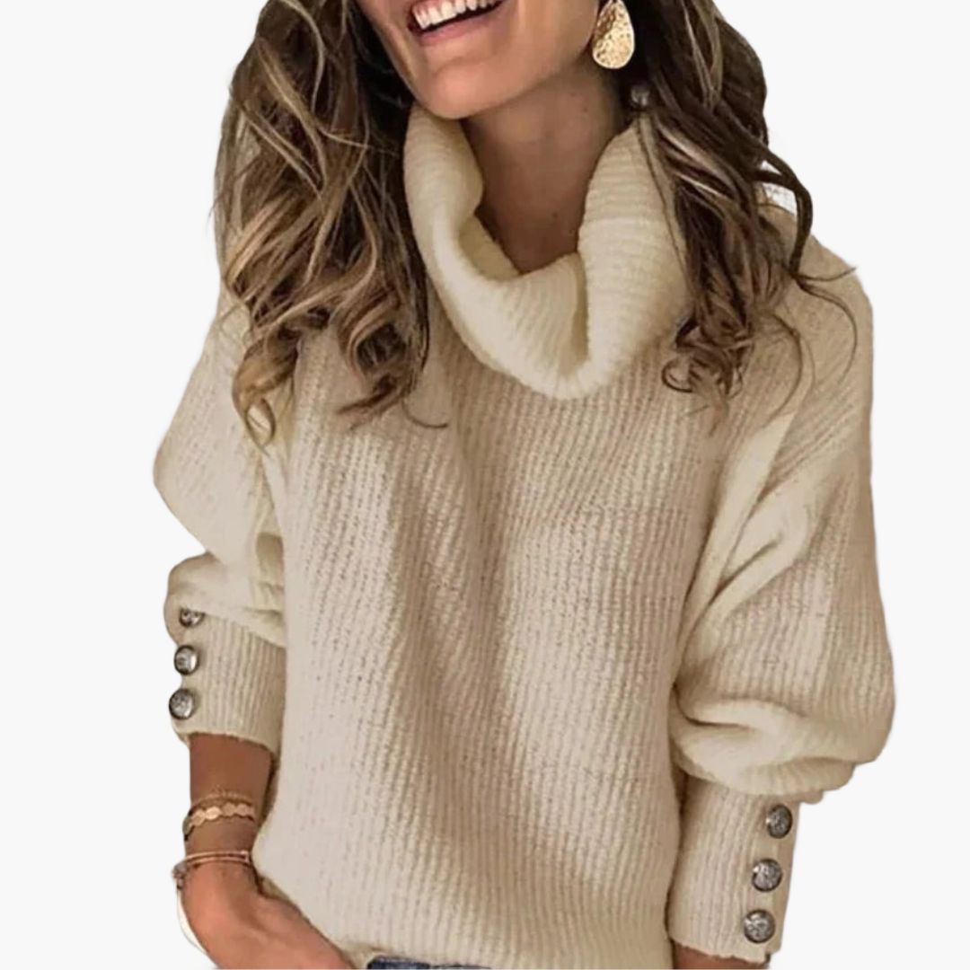 Elegant Dame Rullekrave Striktrøje med Moderne Knapdetaljer