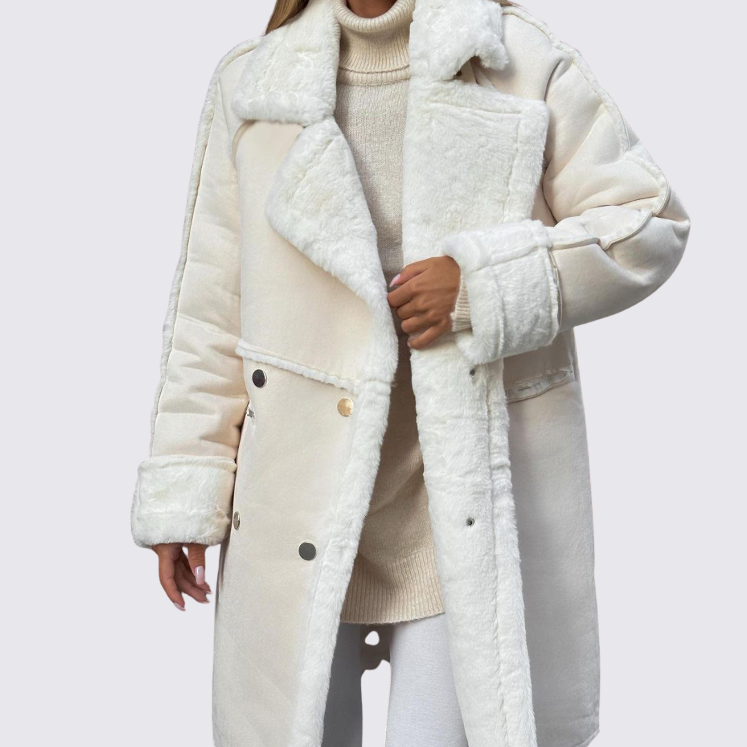 Damefrakke med revers – Dobbeltknappet frakke – Teddyforet