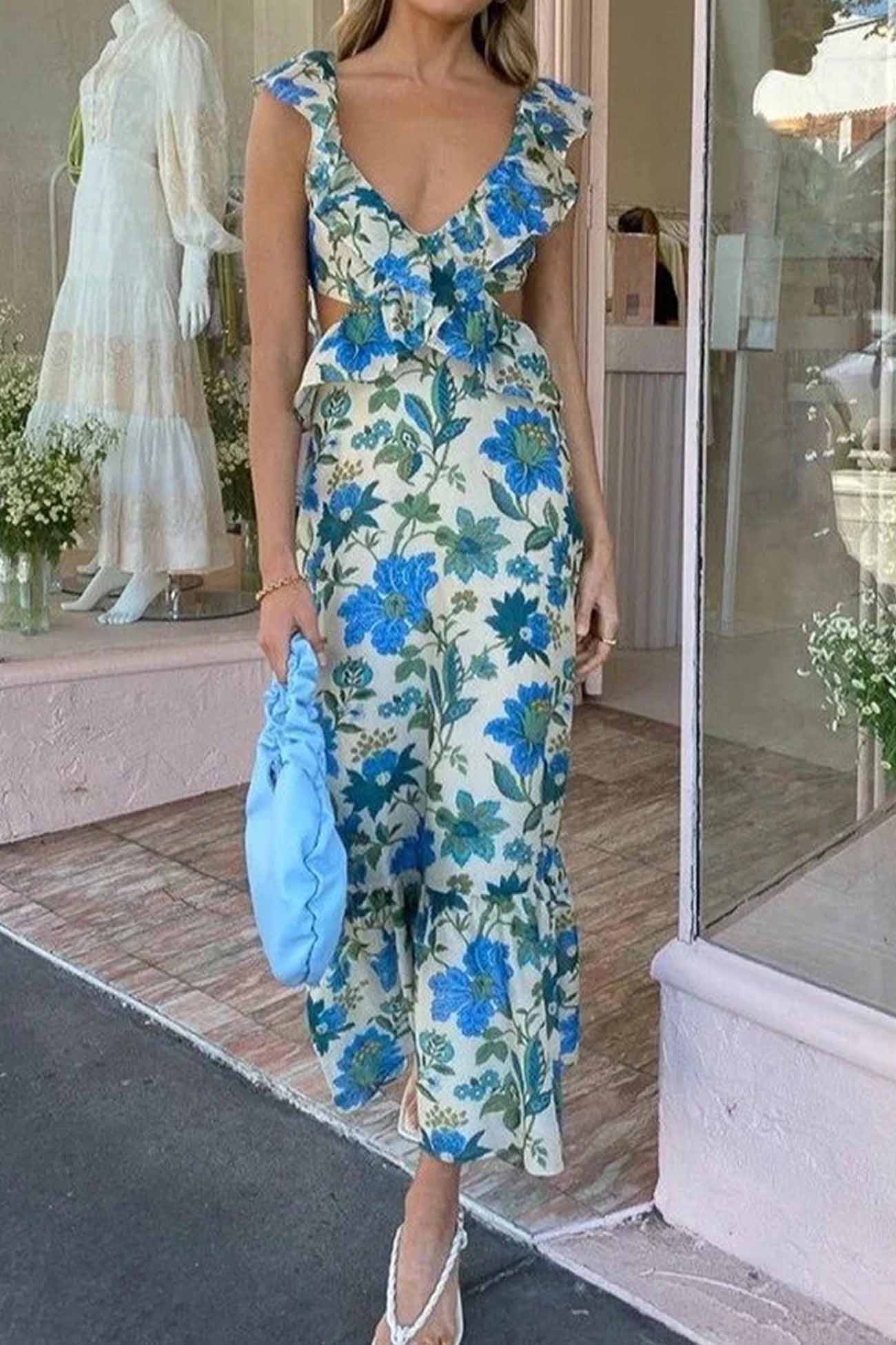 Sofia | Blommig elegans med vackra volanger maxiklänning