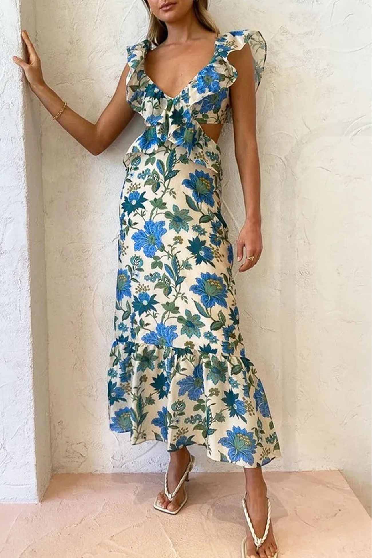 Sofia | Blommig elegans med vackra volanger maxiklänning