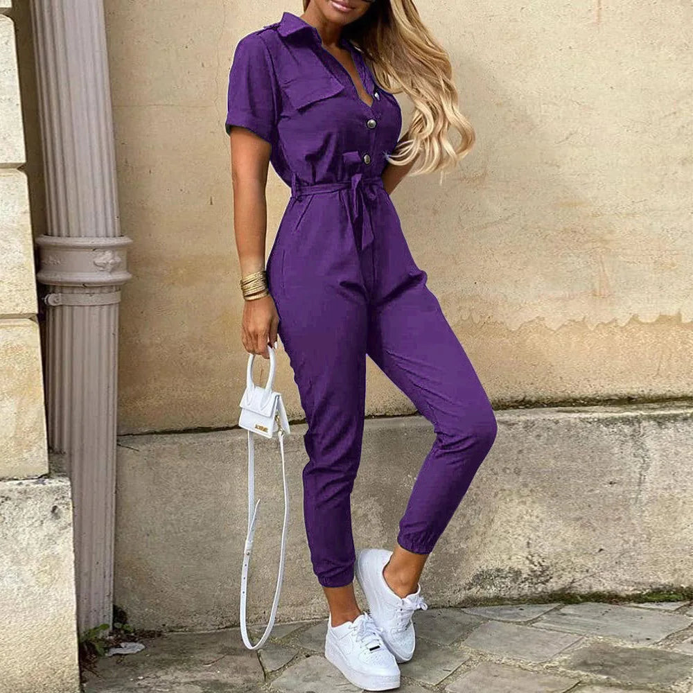 Jumpsuit för kvinnor med korta ärmar och knytbälte