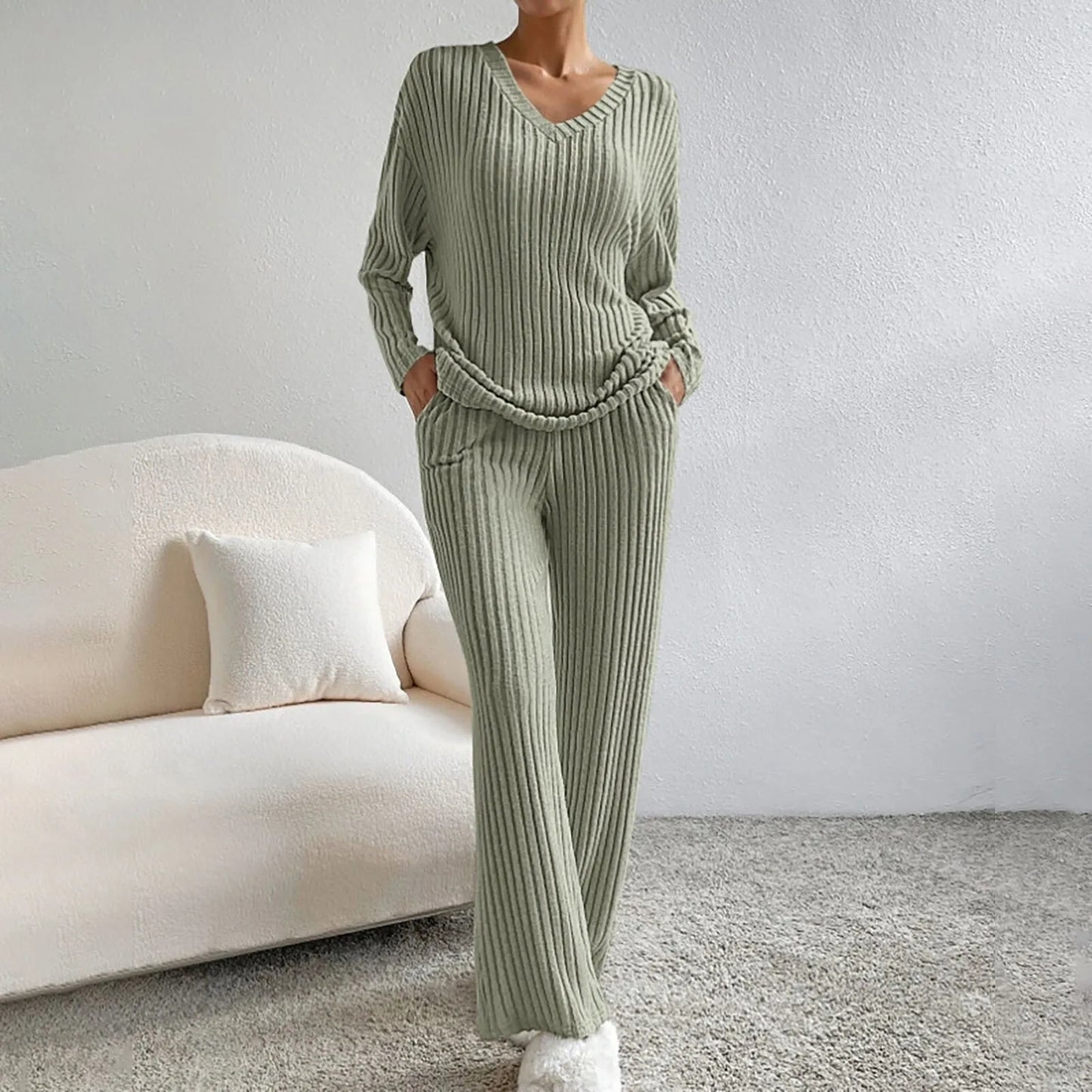 Elegant Loungewear Sæt med Langærmet Top og Løse Bukser