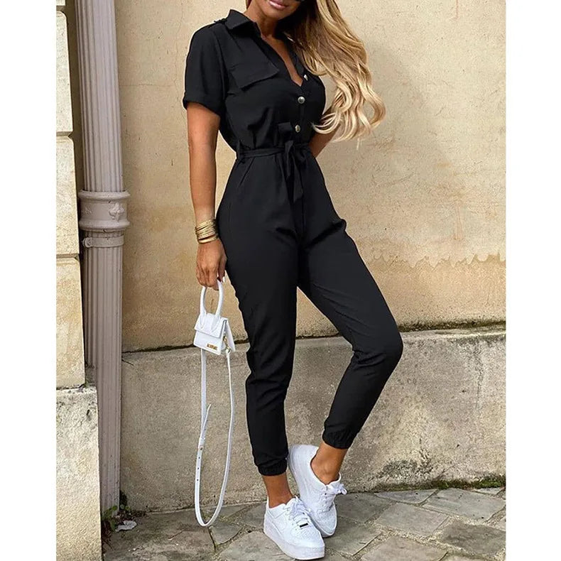 Jumpsuit för kvinnor med korta ärmar och knytbälte