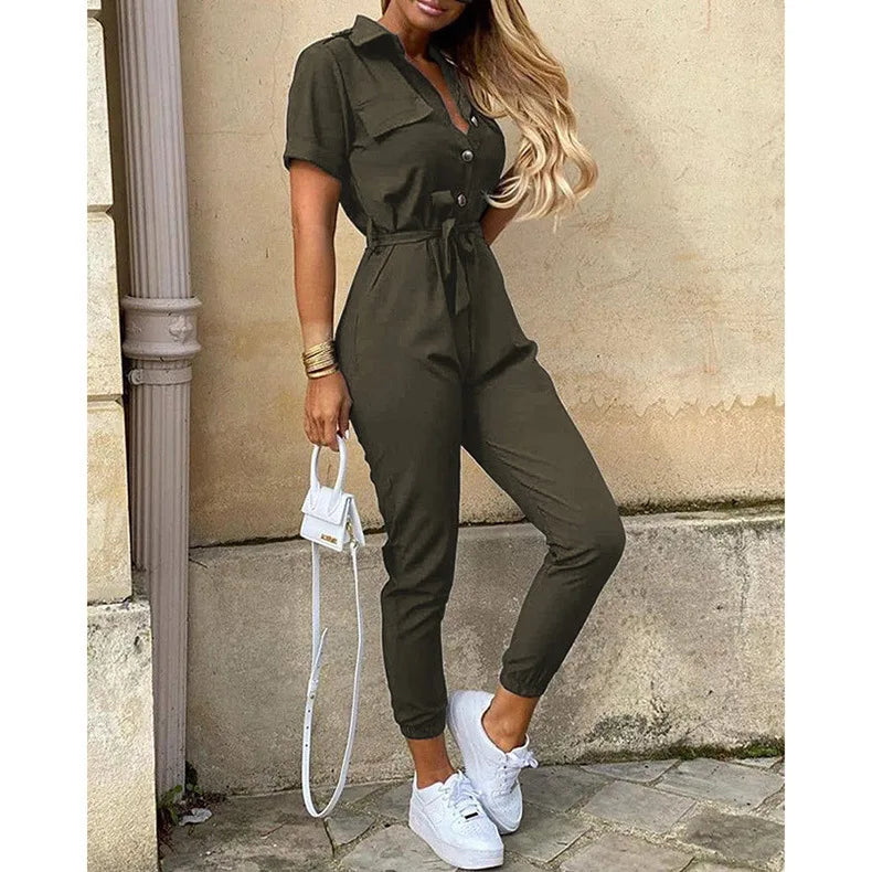 Jumpsuit för kvinnor med korta ärmar och knytbälte