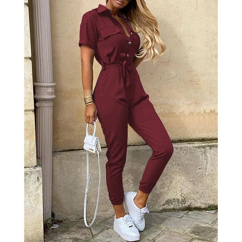Jumpsuit för kvinnor med korta ärmar och knytbälte