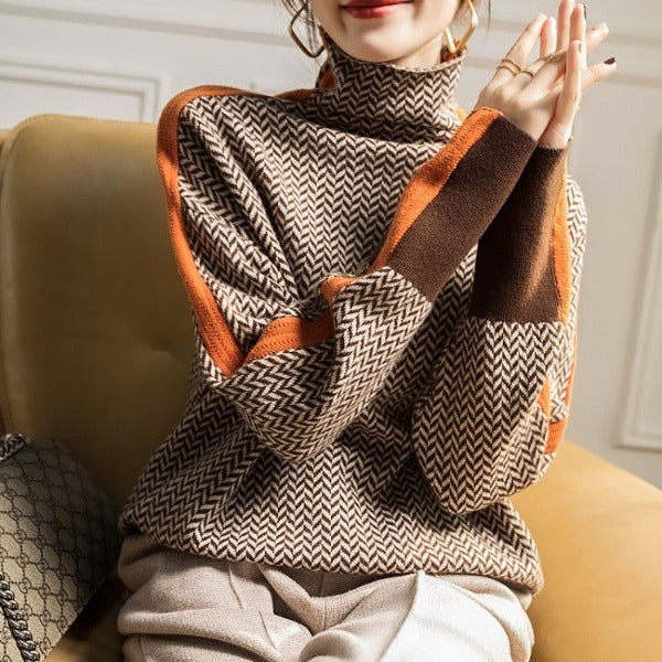 Livia | Damen Exklusiv Herringbone Rullkragetröja