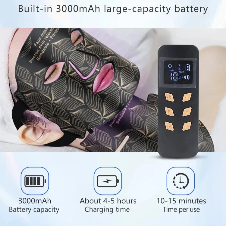 8-färgad LED ansikts- och halsmask | Flexibel silikon, nära-infrarött ljus & 3000 mAh batteri