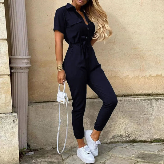 Jumpsuit för kvinnor med korta ärmar och knytbälte