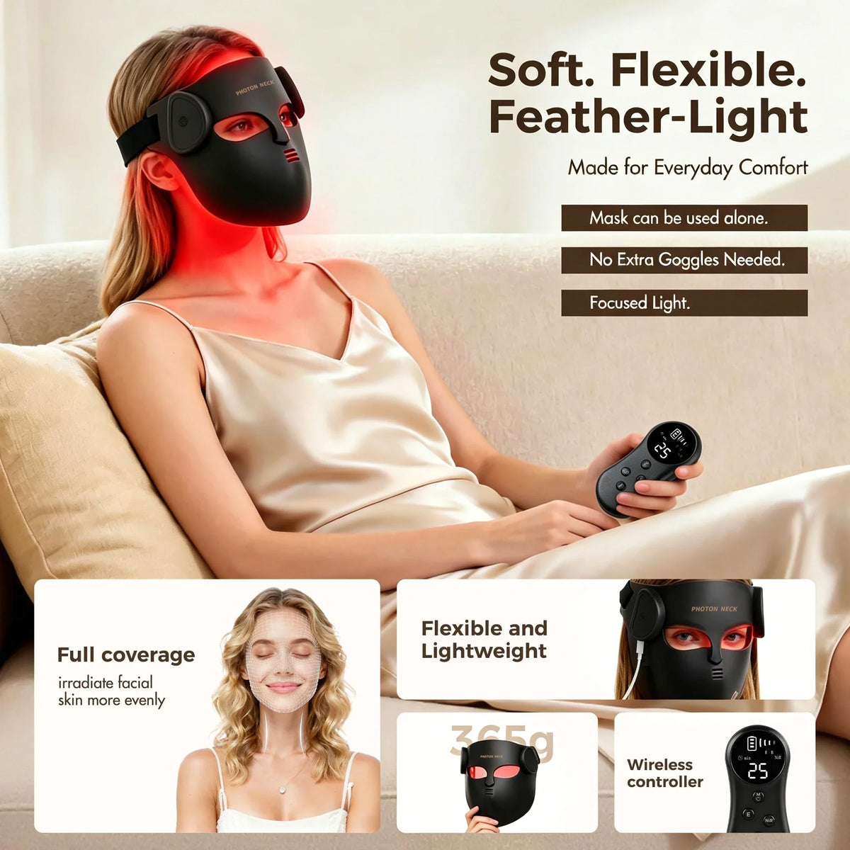 Ansiktsmask med LED Rött Ljus – 8 Ljuslägen, Flexibel Silikon & Valfri Nackpanel