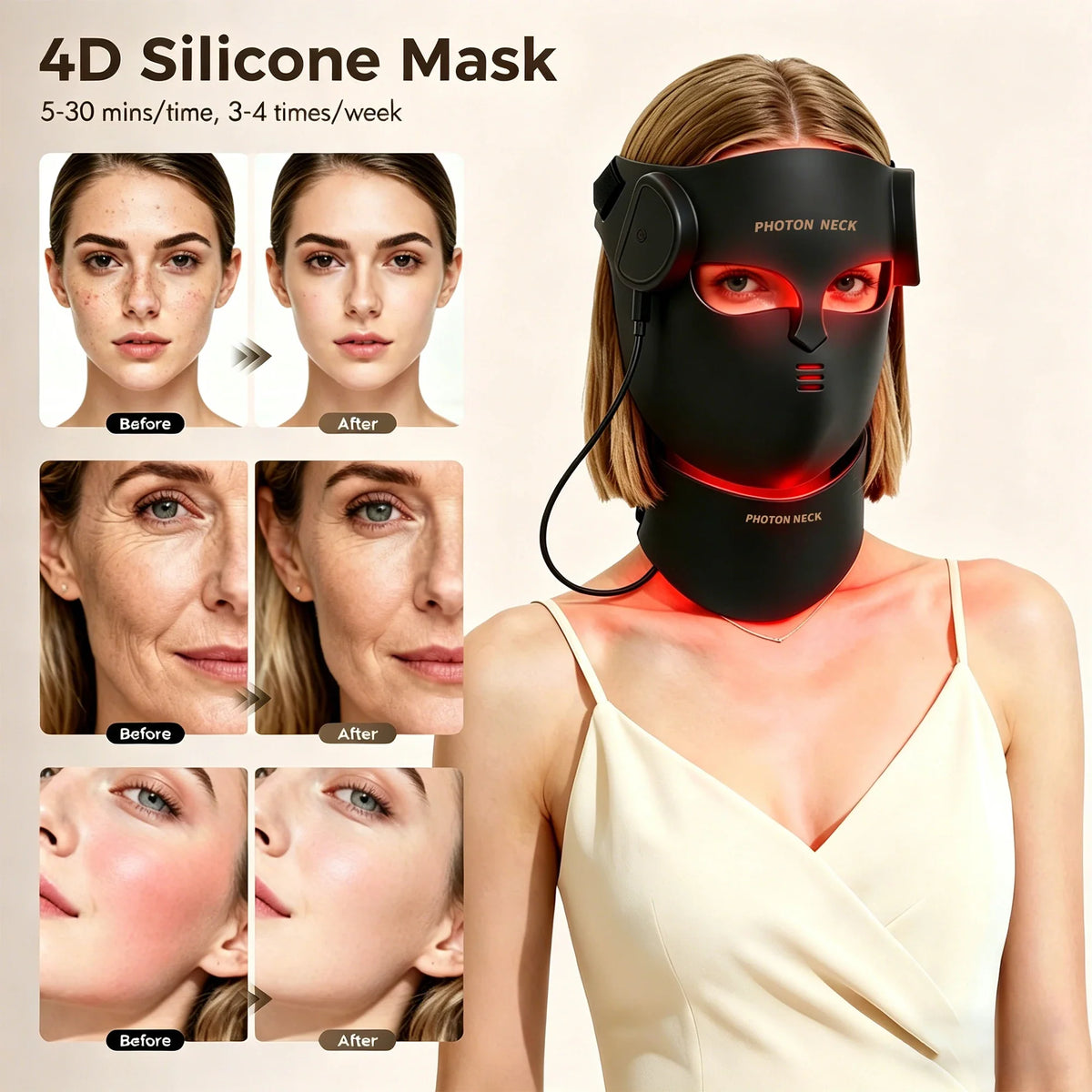 Ansiktsmask med LED Rött Ljus – 8 Ljuslägen, Flexibel Silikon & Valfri Nackpanel