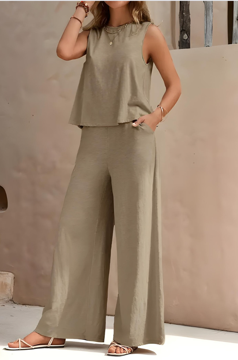 Chic Outfit med Uden Ærmer Top og Løse Bukser – Stilfuld Elegance