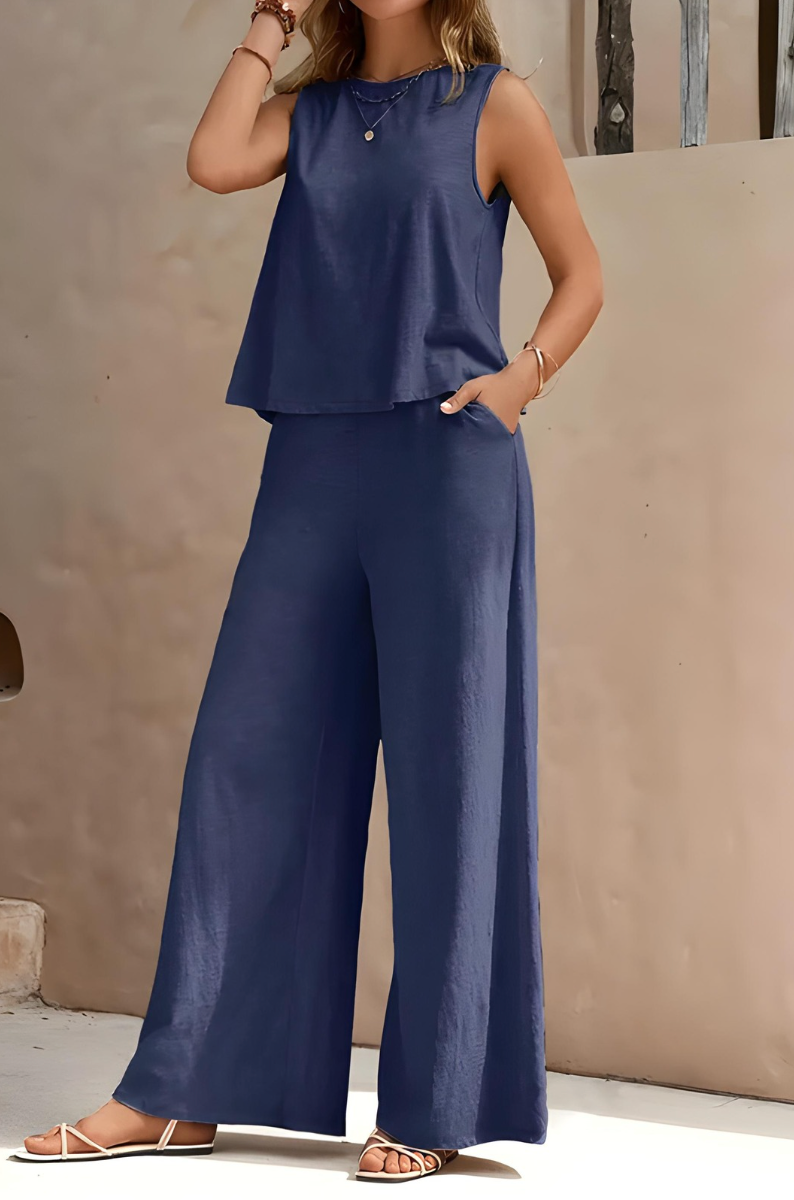 Chic Outfit med Uden Ærmer Top og Løse Bukser – Stilfuld Elegance