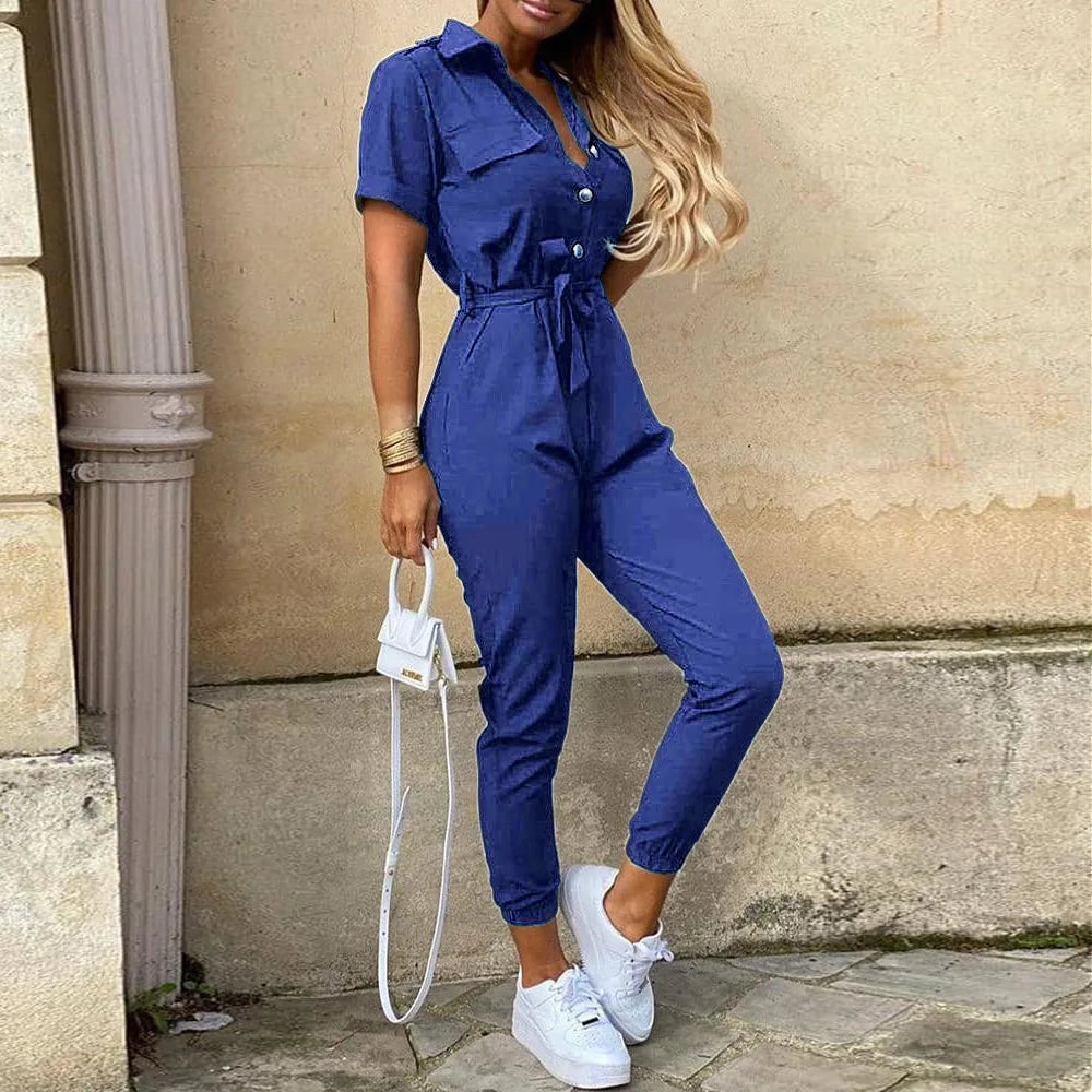 Jumpsuit för kvinnor med korta ärmar och knytbälte