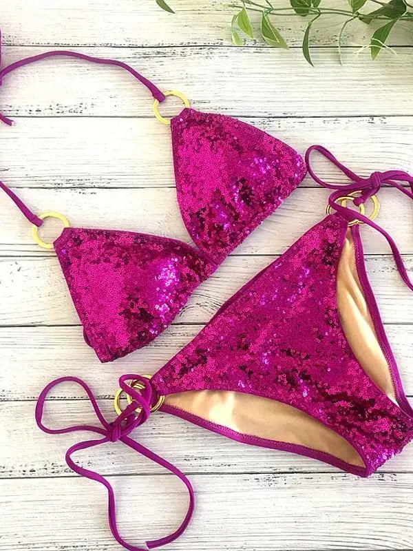 Snyggt bikini set för kvinnor med paljetter i guld och push-up bh