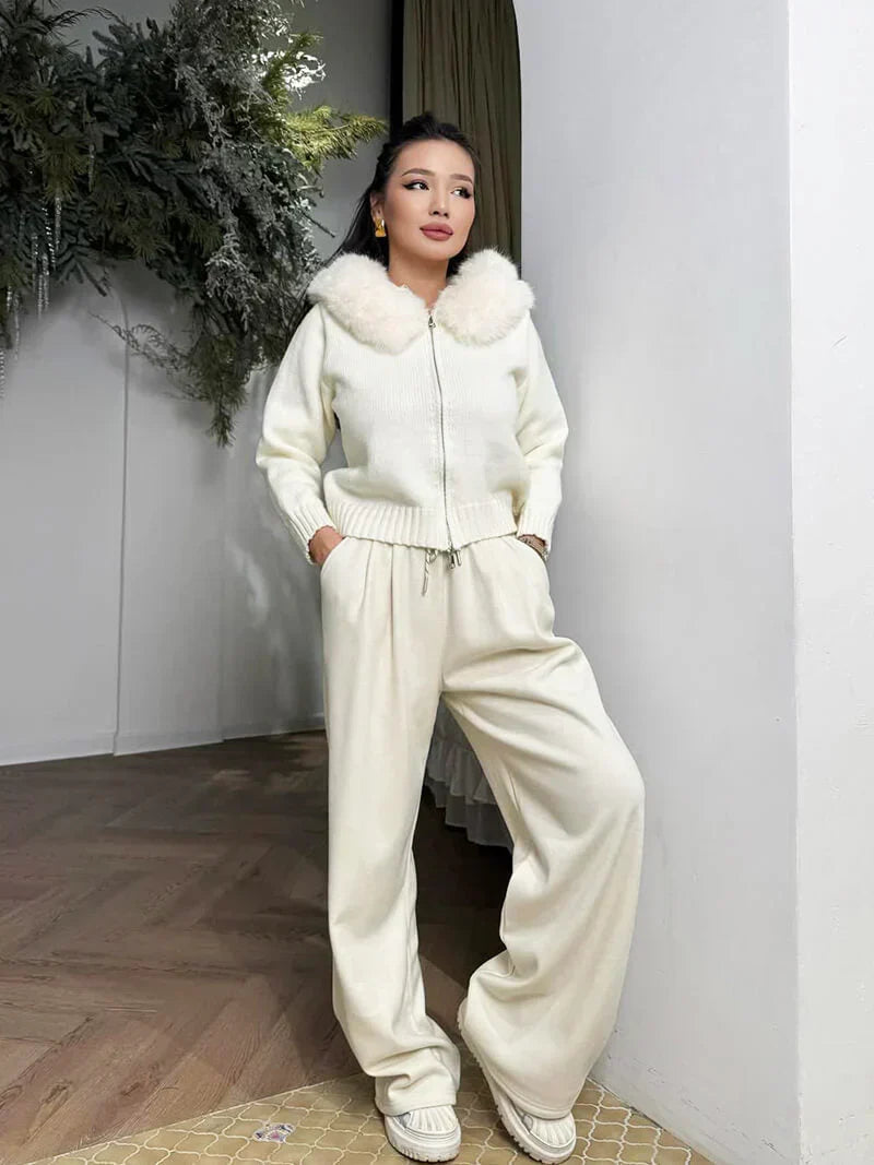 Dame strikjakke grå med hætte & kunstpels – varm vinterjakke