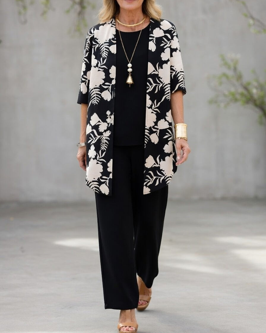 Sommaroutfit för Kvinnor | 3-delat Set med Kimono och Vida Byxor