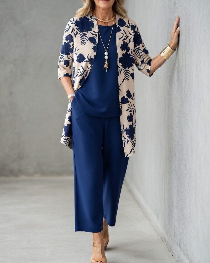 Sommaroutfit för Kvinnor | 3-delat Set med Kimono och Vida Byxor