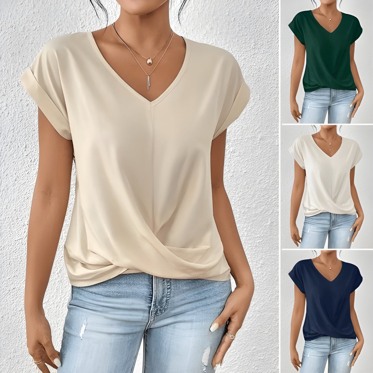 Chic V-ringad Blus med Vridning för En Smickrande Silhuett