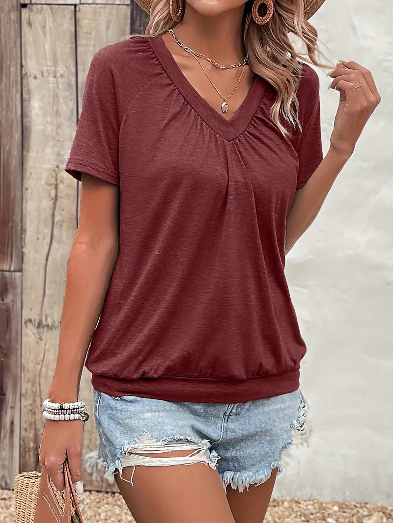 Elegant V-ringad T-shirt för kvinnor | Flödande stil med elastisk nederkant
