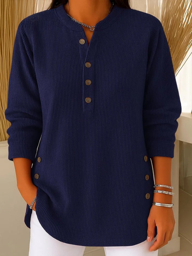 Mira | Stilfullt Ribbade Henley-Långärmad Topp