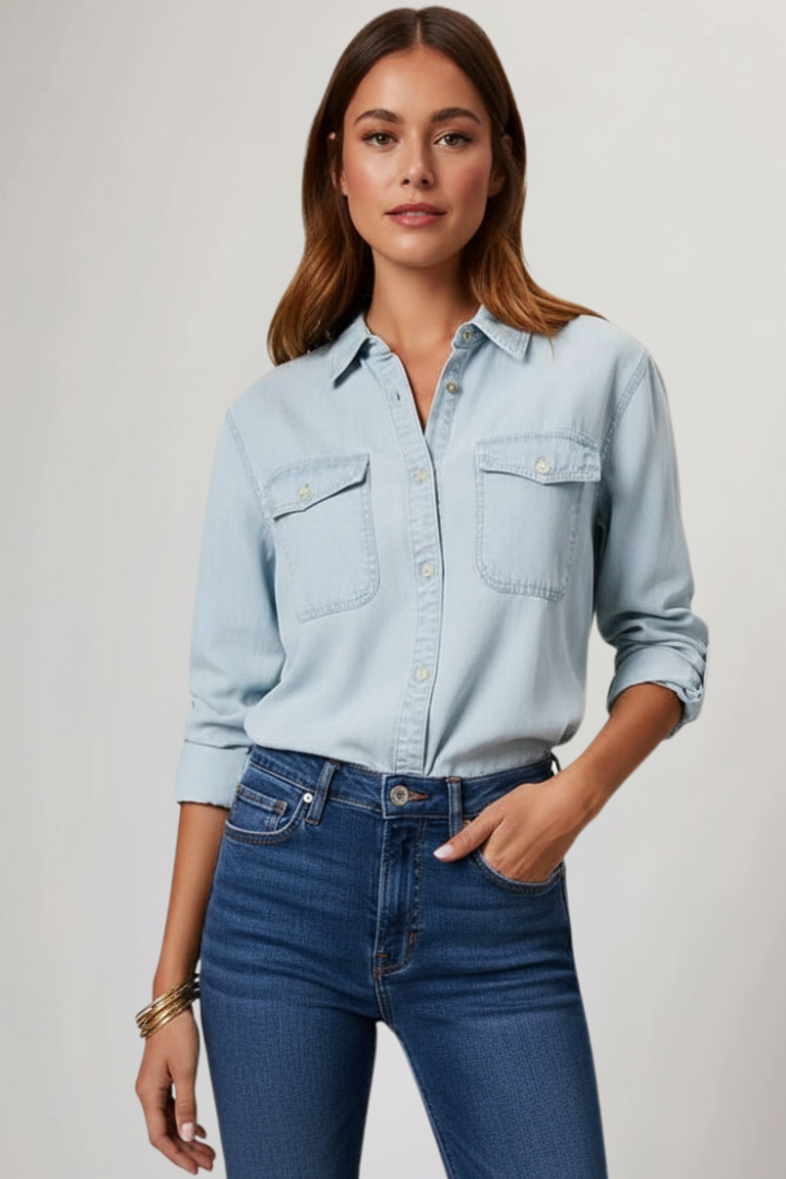 Evelina | Kvinnors Denimhemd med Knappdetaljer och Långärmad