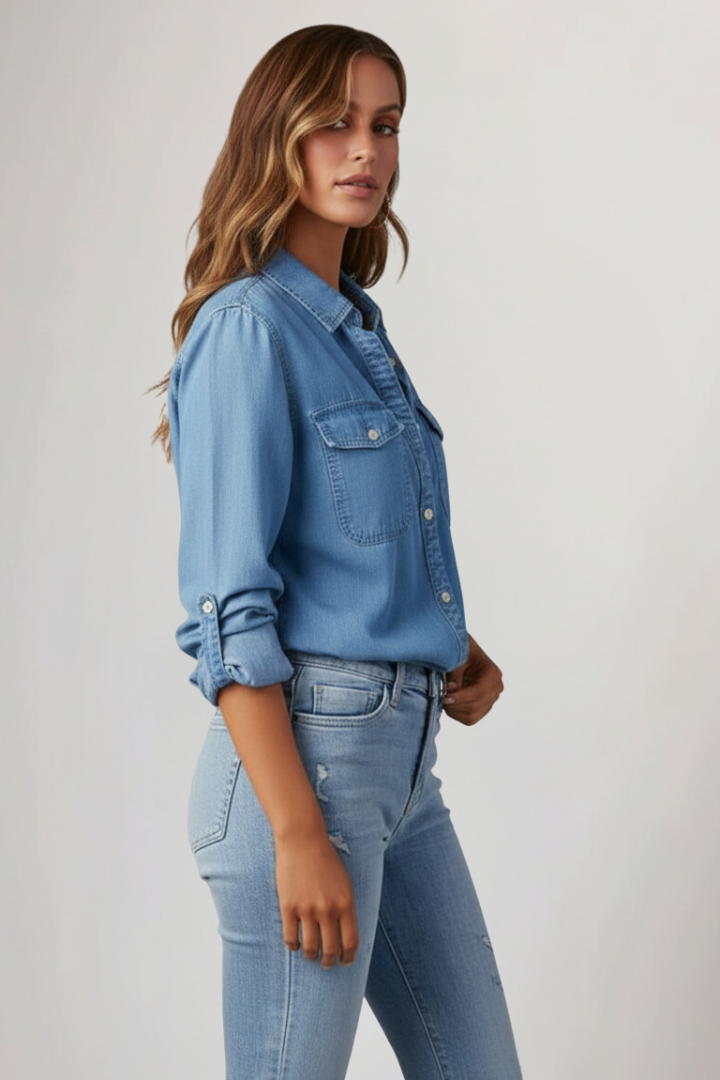 Evelina | Kvinnors Denimhemd med Knappdetaljer och Långärmad