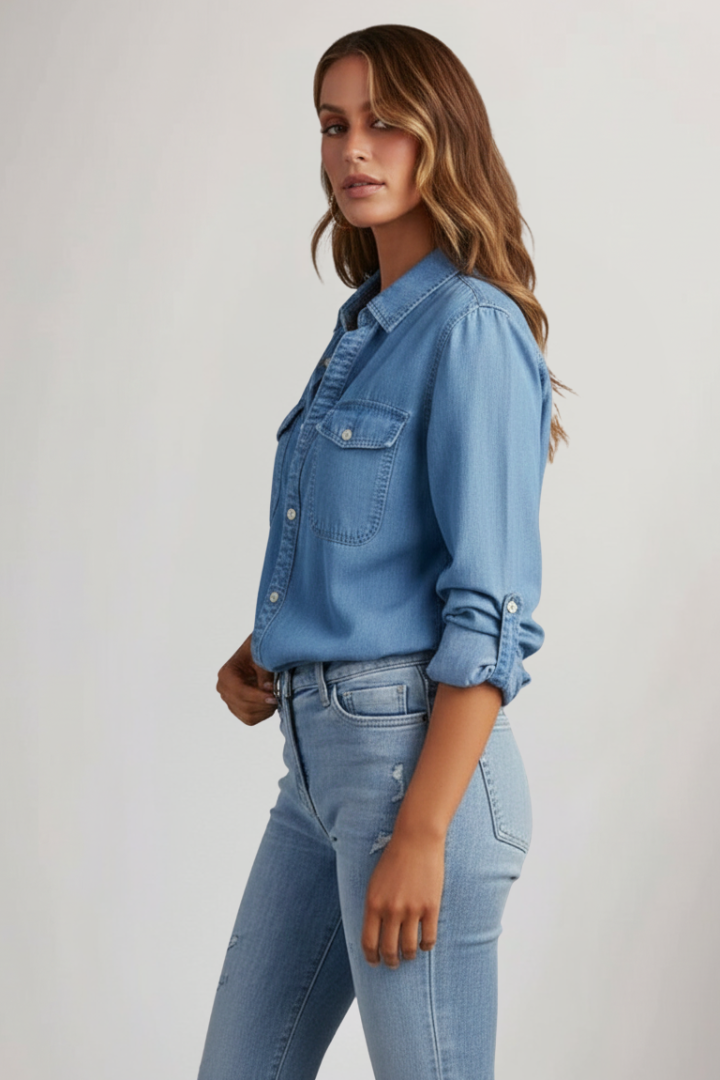 Evelina | Kvinnors Denimhemd med Knappdetaljer och Långärmad