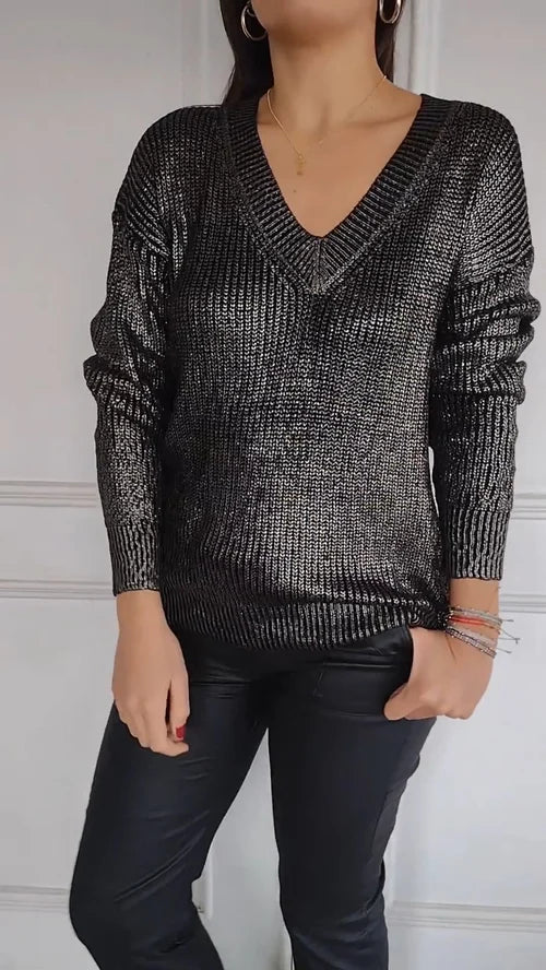 Elegant Langærmet Bluse med V-Udskæring og Guldprint