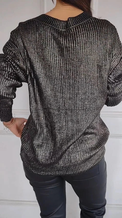 Elegant Langærmet Bluse med V-Udskæring og Guldprint