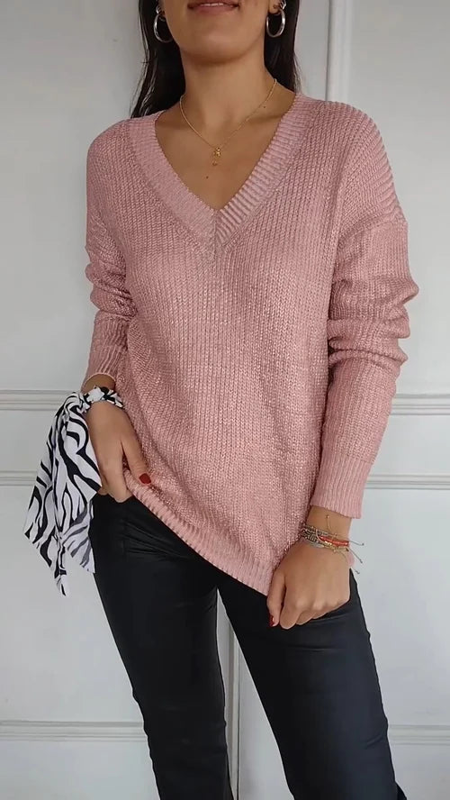 Elegant Langærmet Bluse med V-Udskæring og Guldprint