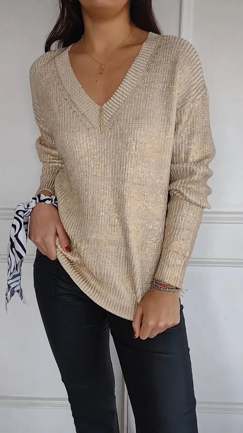 Elegant Langærmet Bluse med V-Udskæring og Guldprint
