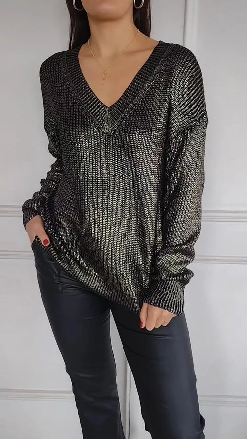 Elegant Langærmet Bluse med V-Udskæring og Guldprint