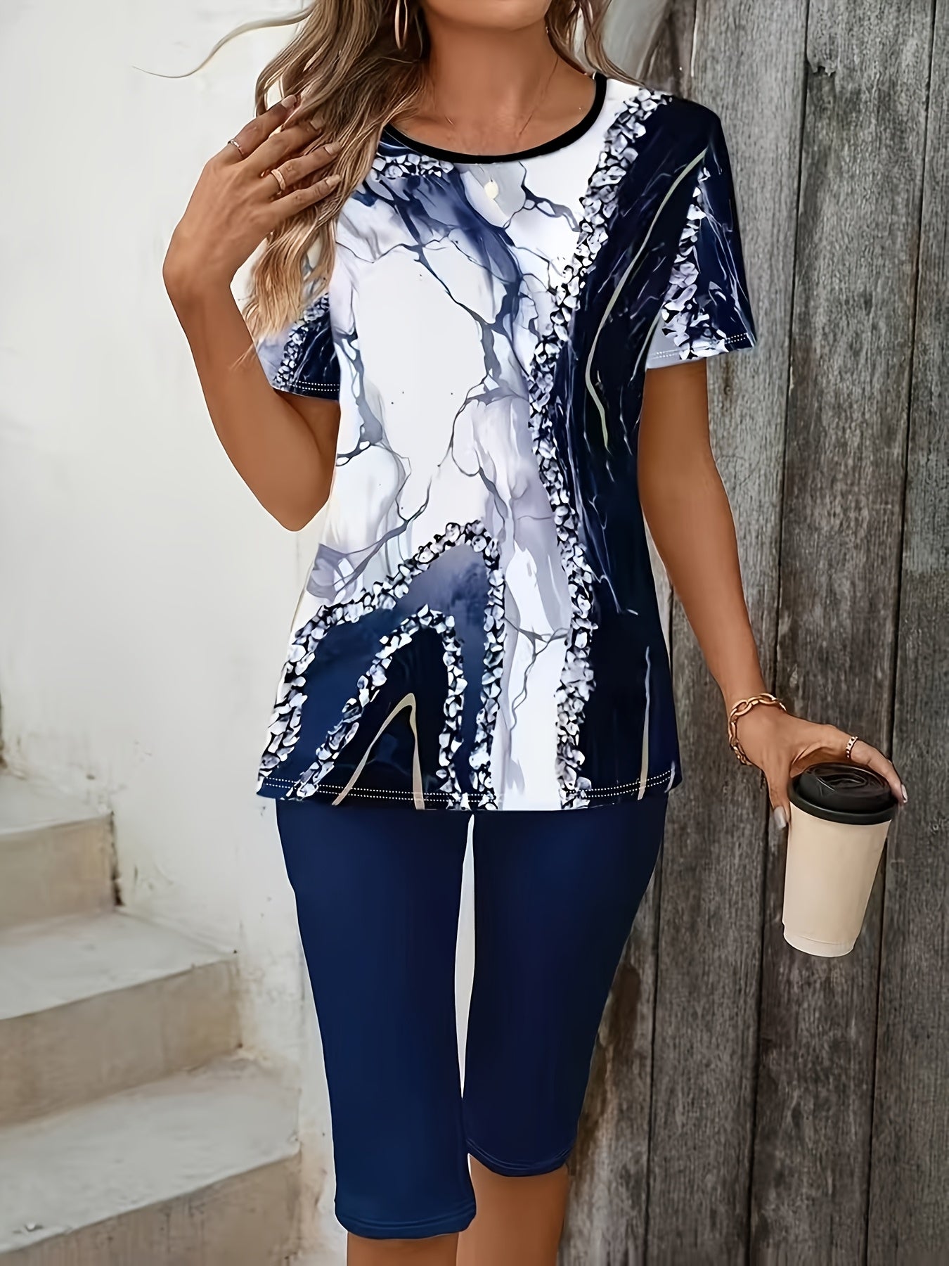 Sommarset för kvinnor | Tryckt Topp & Stretchiga Capri-Leggings