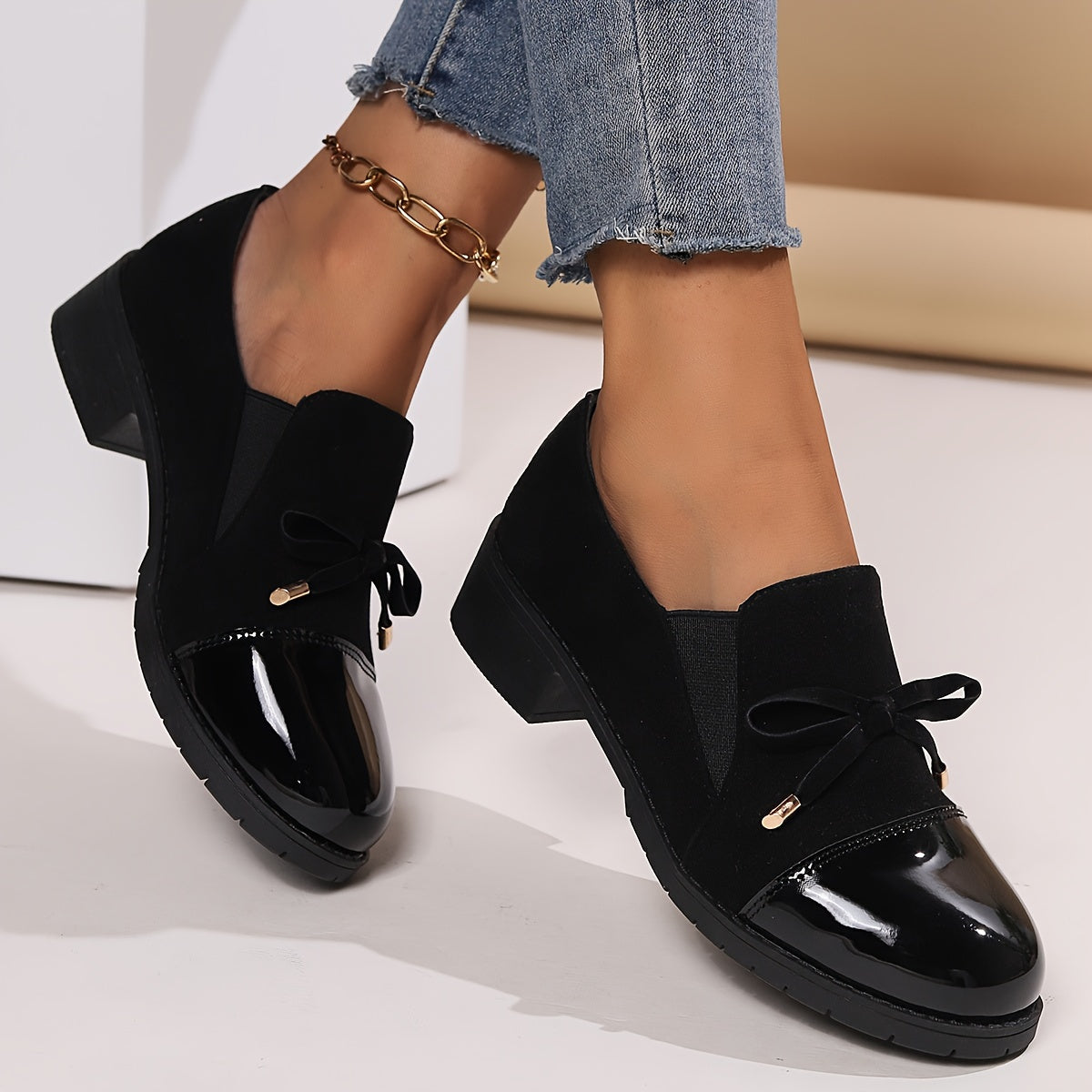 Blockklack Loafers för kvinnor med rosett