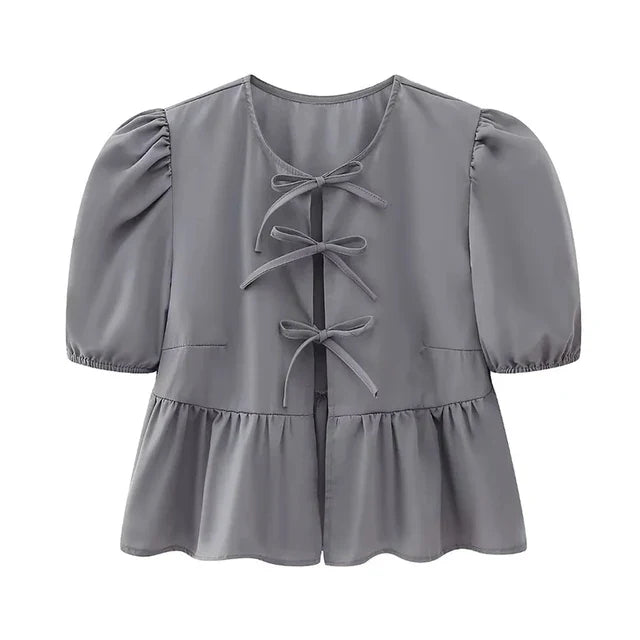 Chic Bluse med Puffærmer og Sløjfedetaljer