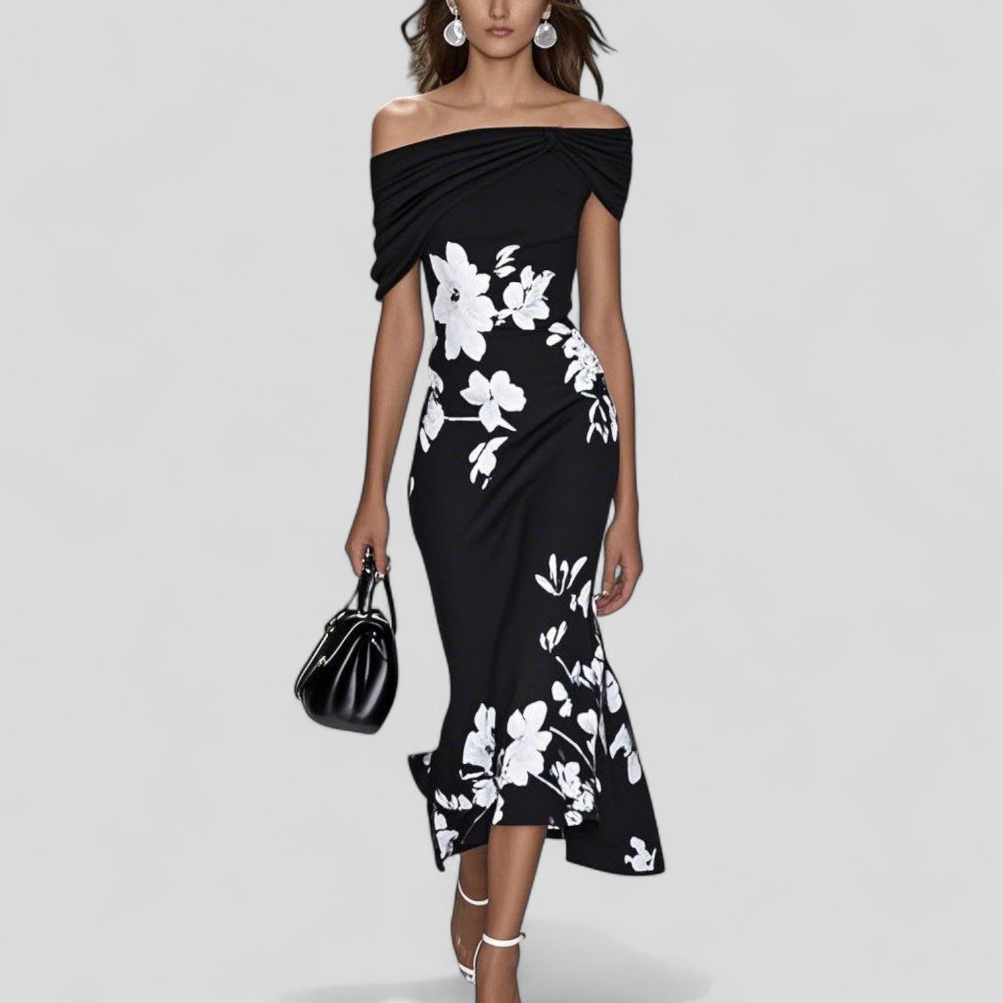 Sofia | Blommig Off-Shoulder Midi Klänning för Damer