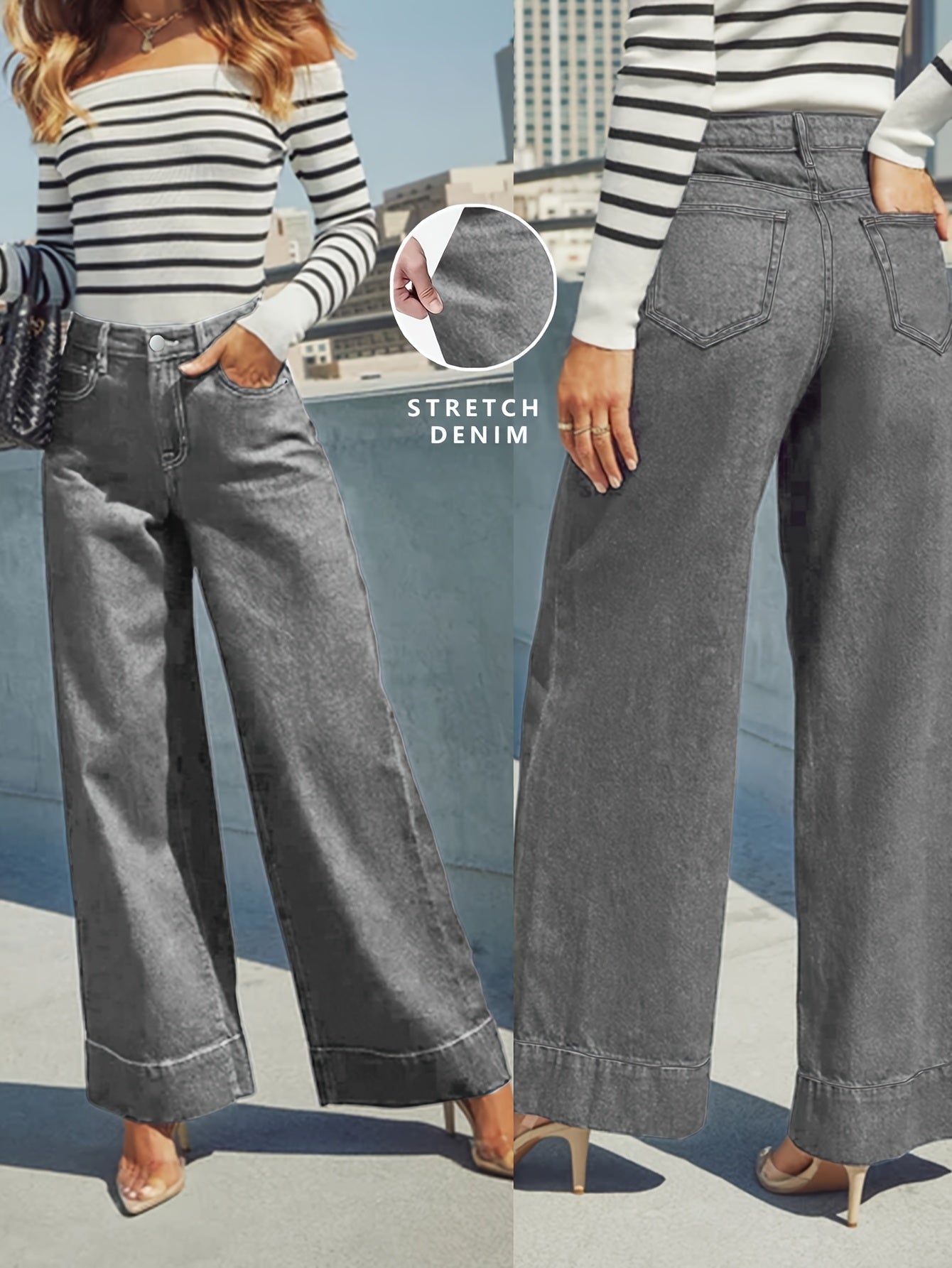 Højtaljede Løse Denim-Jeans med Omslået Kant