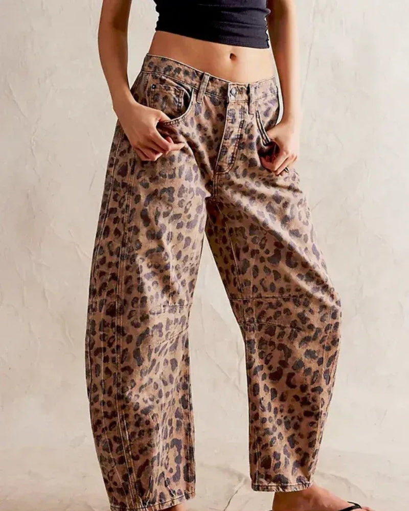 Baggy Jeans Dame – Bred Barrel Jeans med dyreprint og høj talje til vinter