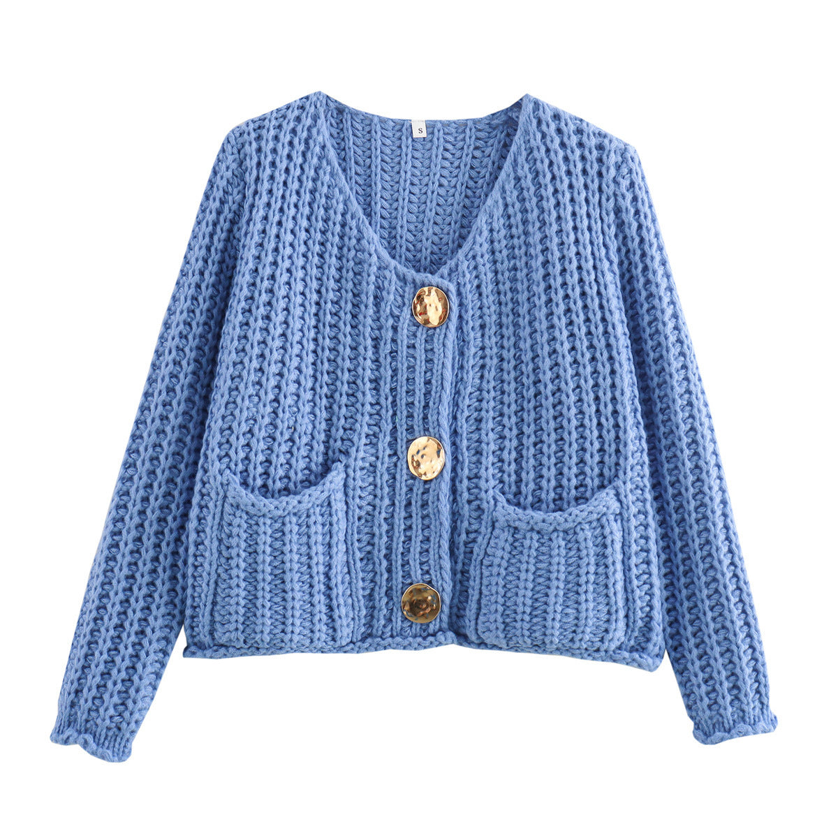 Elegant Oversized Strikjakke med Knapper og Lommer