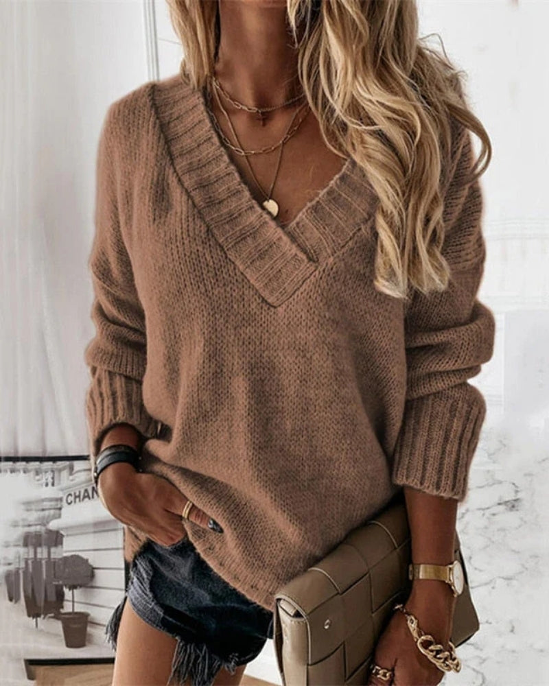 Behagelig striktrøje til kvinder – Overdimensioneret snit med elegant V-udskæring