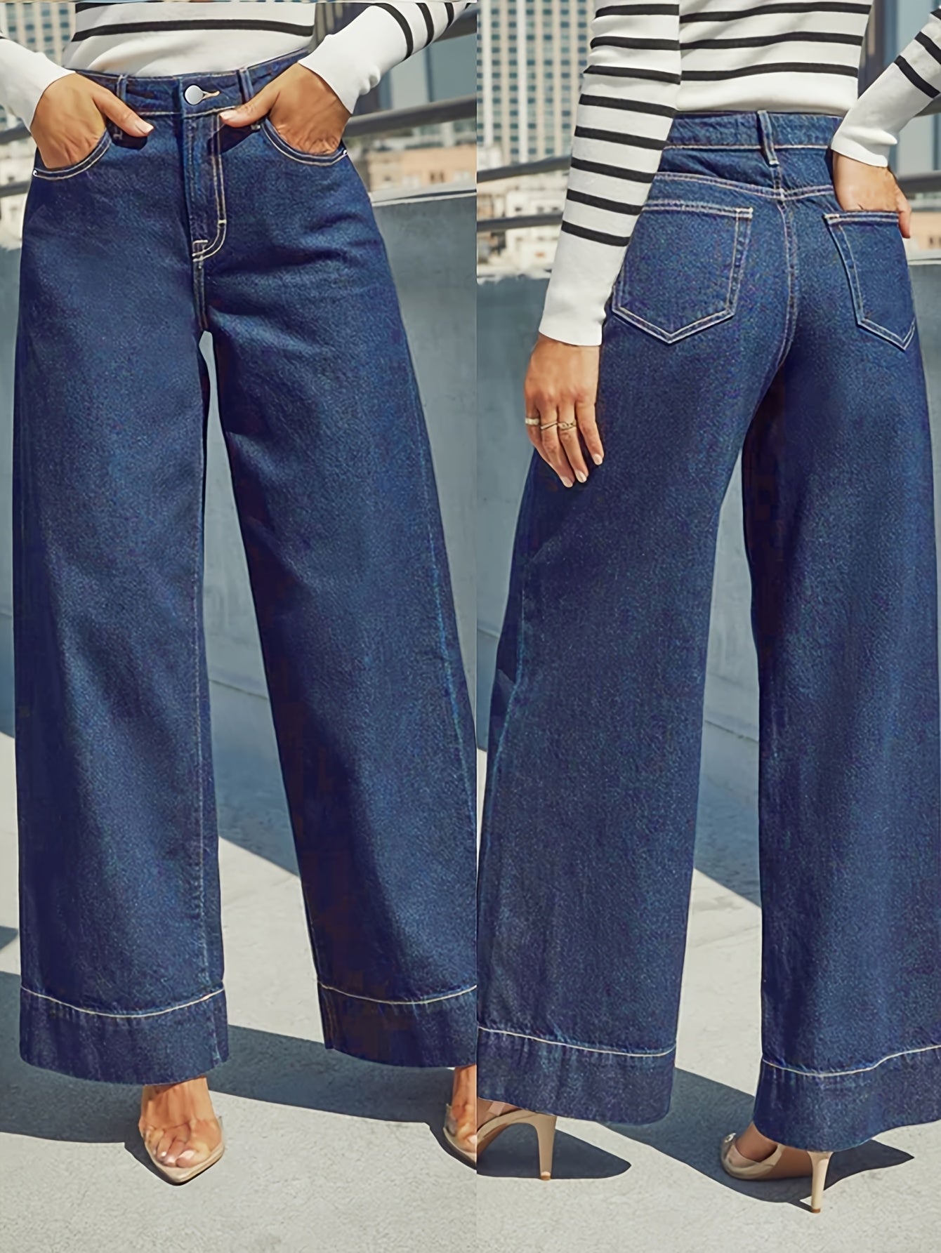 Højtaljede Løse Denim-Jeans med Omslået Kant