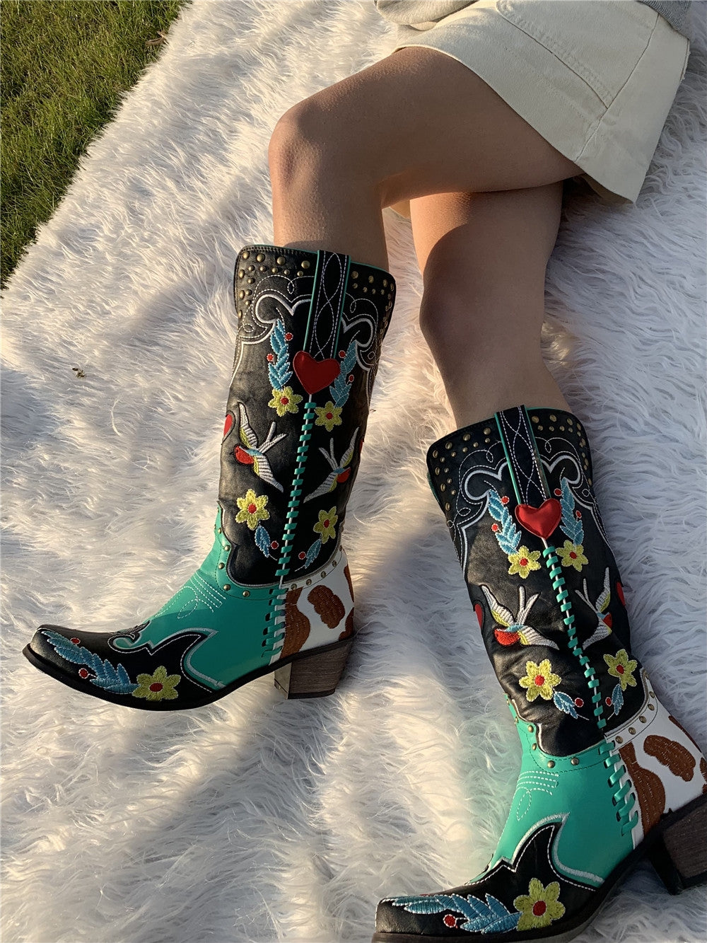 Astrid | Elegant Broderade Booties med Blommönster för Damer