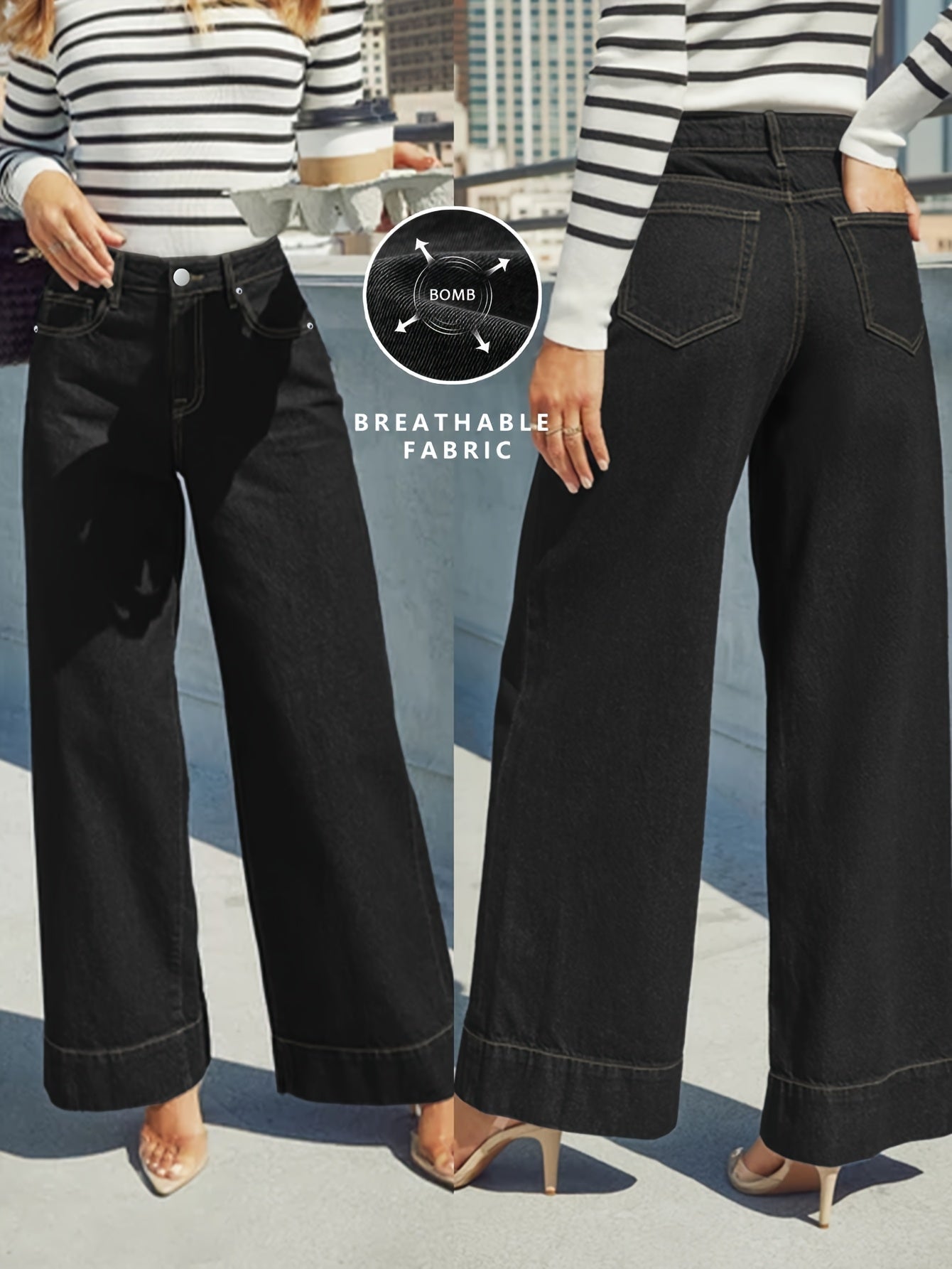 Højtaljede Løse Denim-Jeans med Omslået Kant