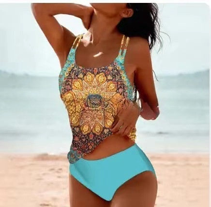 Retro Högskuren Bikini med Strandmotiv
