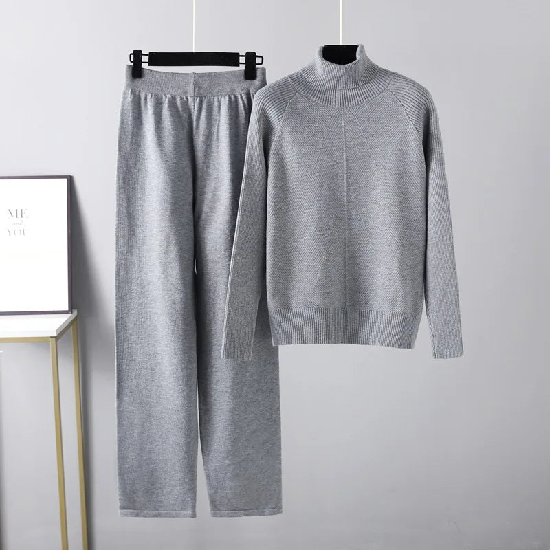 Elegant stickat set med tröja och byxor – Lyxig komfort