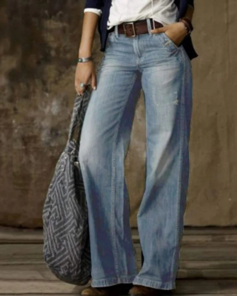 Dame-Baggy-Jeans - Vintage-Bukser med høj talje og vidde ben