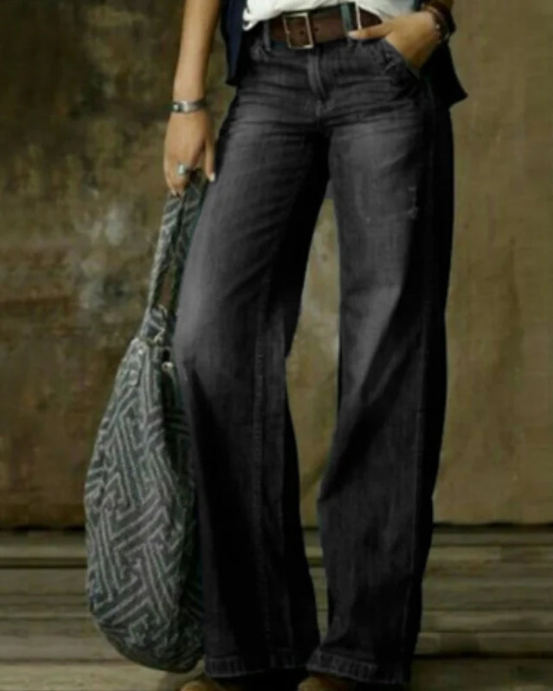 Dame-Baggy-Jeans - Vintage-Bukser med høj talje og vidde ben