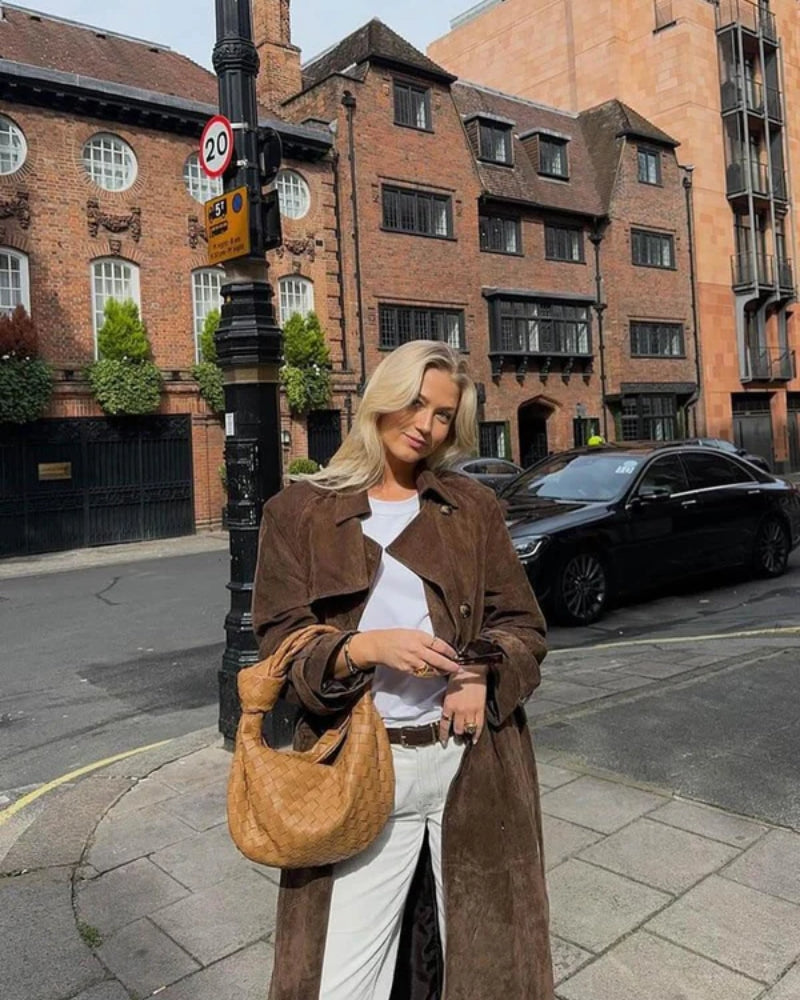 Dame vinterjakke trenchcoat – Lang frakke med bælte i brun