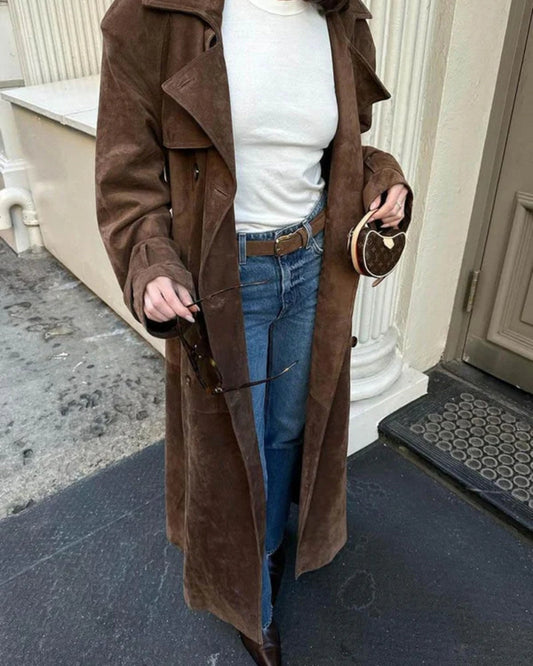 Dame vinterjakke trenchcoat – Lang frakke med bælte i brun