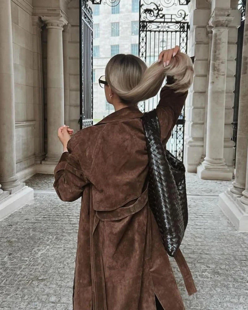 Dame vinterjakke trenchcoat – Lang frakke med bælte i brun